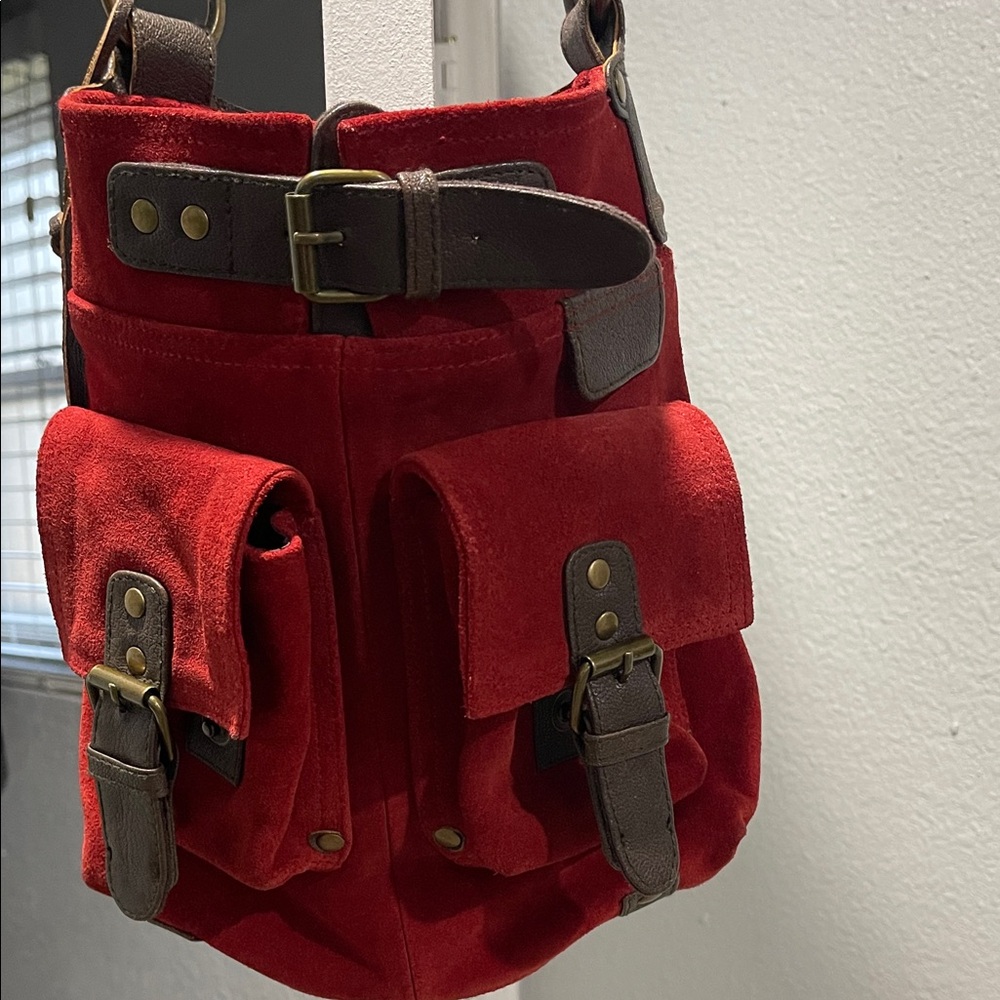 No & Co Red Suede Bag with Brown Accents